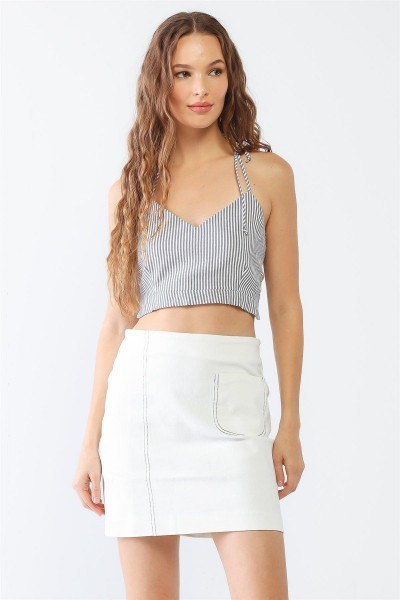 Stripe Print Sleeveless Self-Tie V-Neck Crop Top