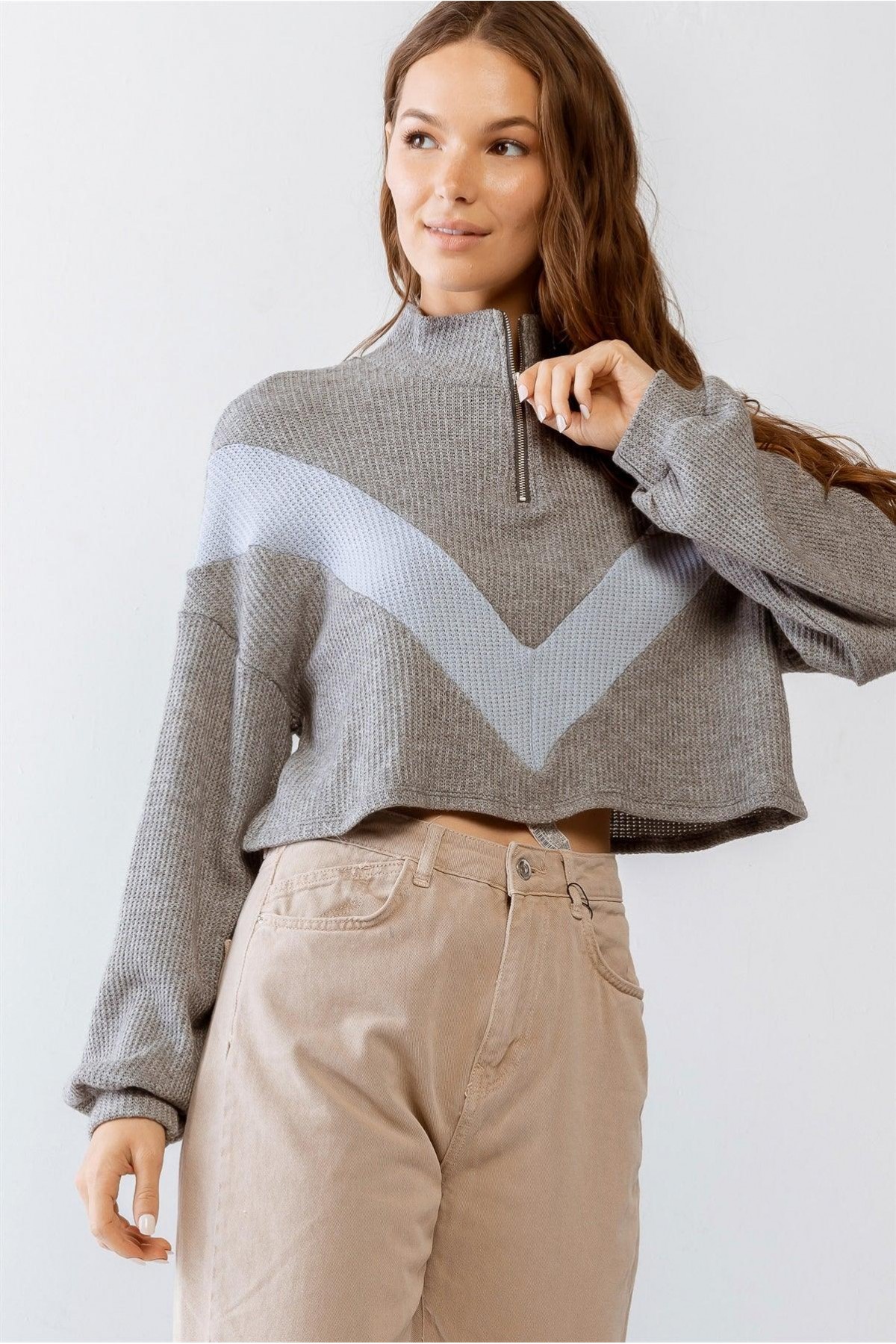 Waffle Knit Zip-Up Long Sleeve Crop Top ...