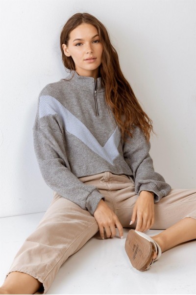 Waffle Knit Zip-Up Long Sleeve Crop Top /1-2-2-1