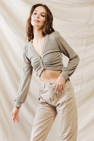 Olive Knit Button-Up V-Neck Long Sleeve Crop Top /1-2-2-1