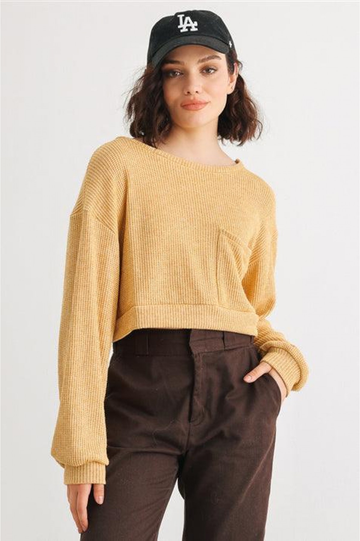 Dusty Yellow Knit Round Neck Long Sleeve...