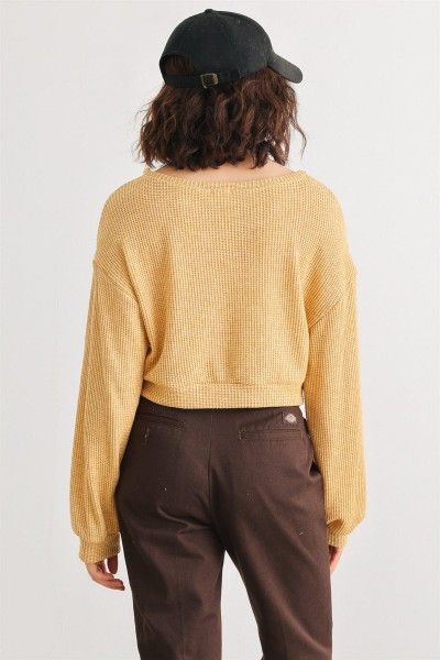 Dusty Yellow Knit Round Neck Long Sleeve One Pocket Top