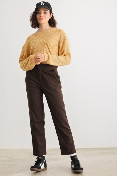 Dusty Yellow Knit Round Neck Long Sleeve One Pocket Top