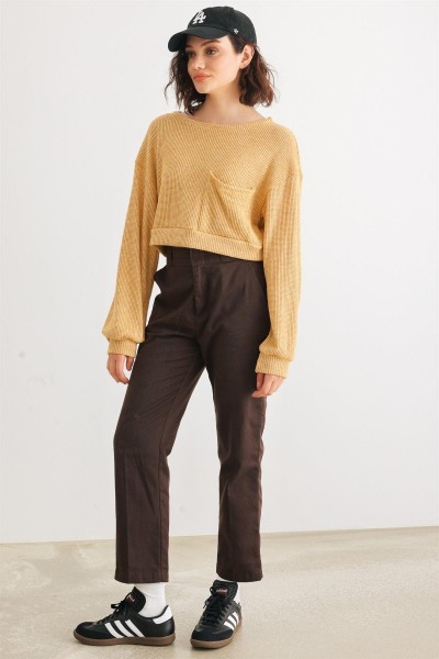 Dusty Yellow Knit Round Neck Long Sleeve One Pocket Top