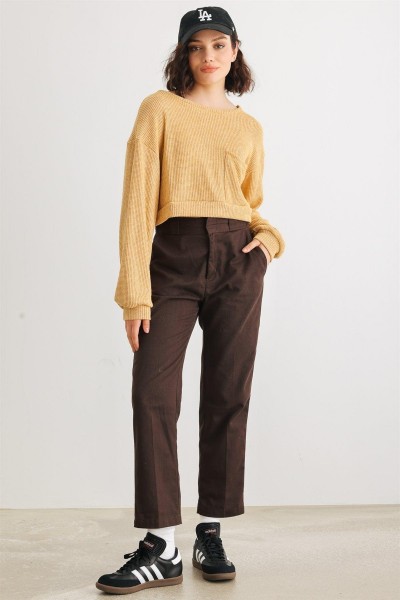 Dusty Yellow Knit Round Neck Long Sleeve One Pocket Top