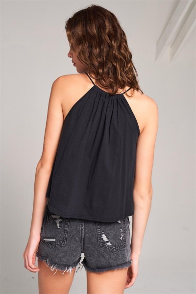 Black Sleeveless Halter Neck Self-Tie Front Drawstring Loose Fit Top