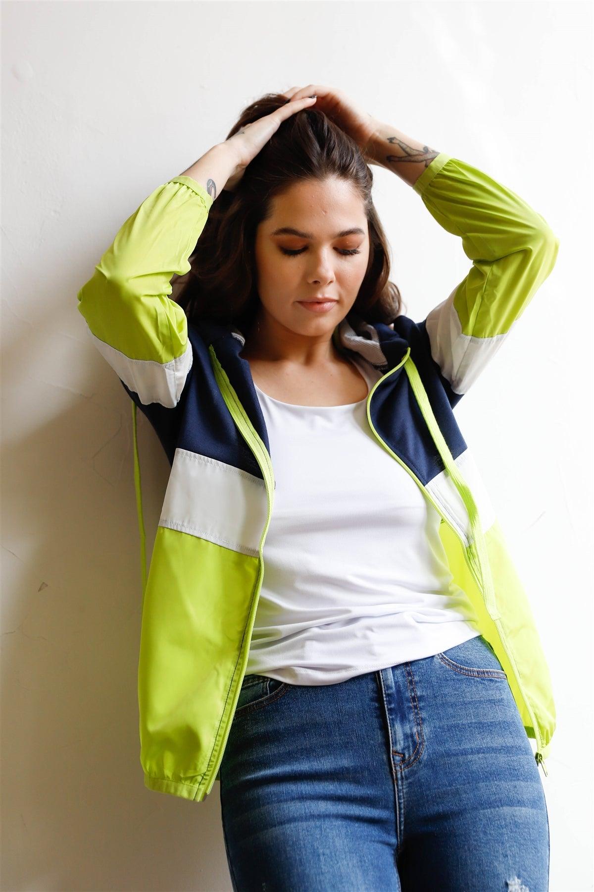 Navy Green & White Colorblock Zip-Up...