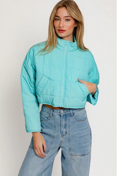 Lightweight Aqua Puff Zip Up Cropped Jacket