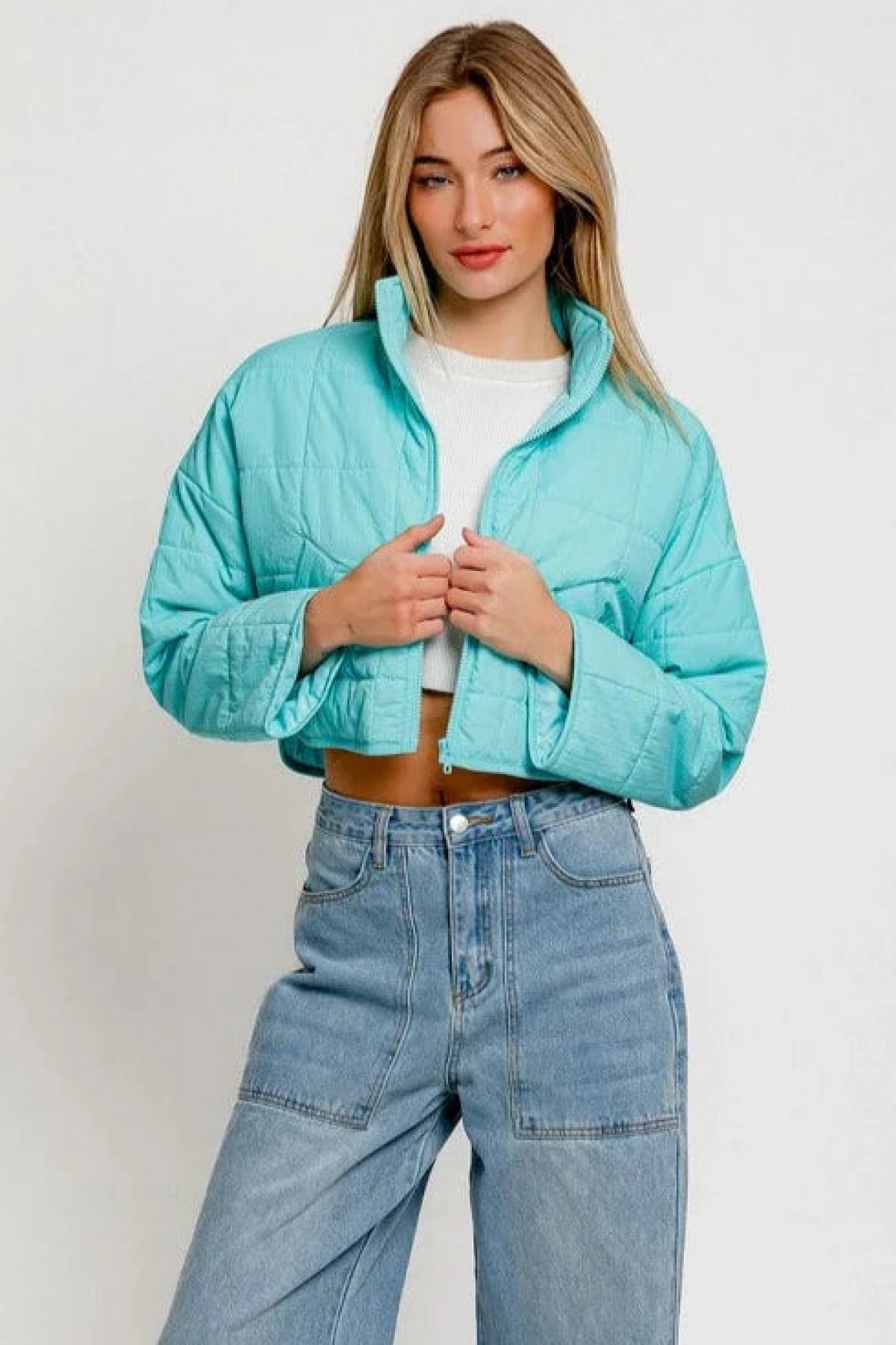 Lightweight Aqua Puff Zip Up Cropped Jac...