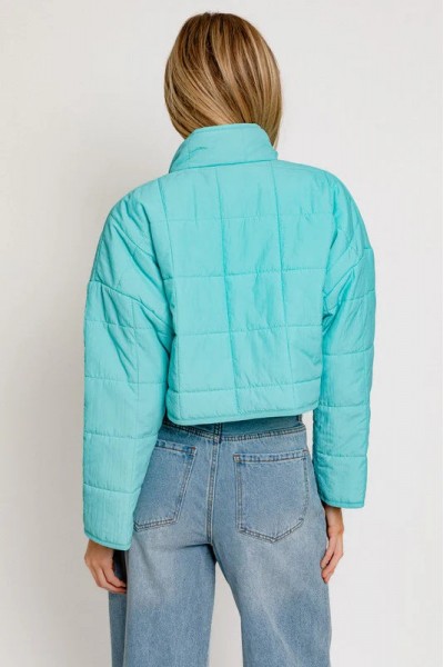 Lightweight Aqua Puff Zip Up Cropped Jacket