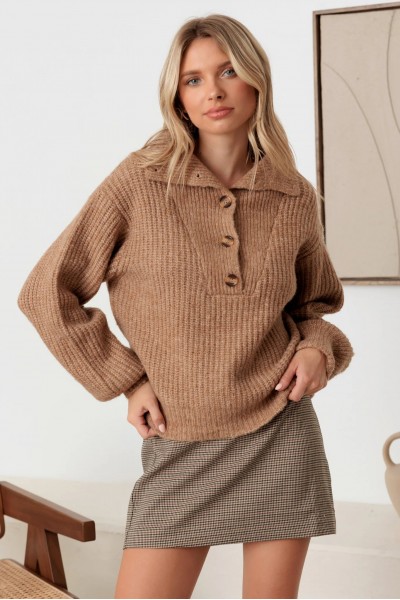 100% Wool Button-Up Neck Pullover Sweater