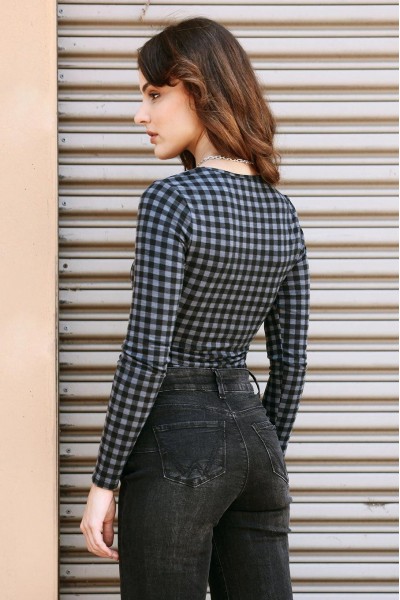 Charcoal Black Plaid Long Sleeve Bodysuit /3-2-1