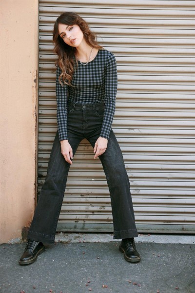 Charcoal Black Plaid Long Sleeve Bodysuit /3-2-1