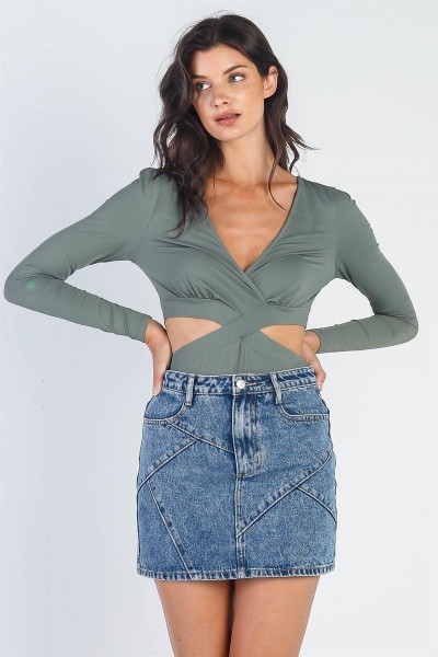 Olive Criss-Cross Long Sleeve Cut-Out Bodysuit /4-2-1