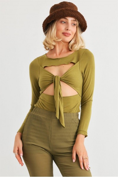 Green Cut-Out Tie Knit Long Sleeve Bodys...