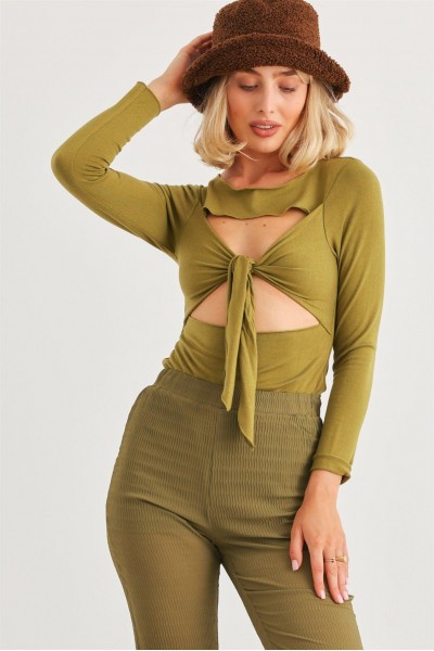 Green Cut-Out Tie Knit Long Sleeve Bodysuit /4-2-1