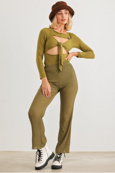 Green Cut-Out Tie Knit Long Sleeve Bodysuit /4-2-1