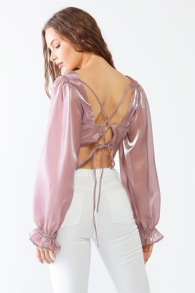 Mauve Shiny Organza Heart Shape Neck Puff Balloon Long Sleeve Back Criss-Cross Crop Top /1-2-2-1