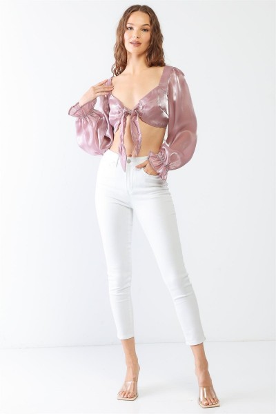 Mauve Shiny Organza Heart Shape Neck Puff Balloon Long Sleeve Back Criss-Cross Crop Top /1-2-2-1