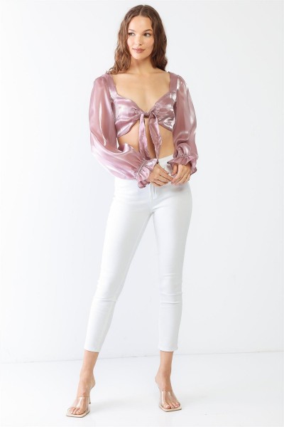 Mauve Shiny Organza Heart Shape Neck Puff Balloon Long Sleeve Back Criss-Cross Crop Top /1-2-2-1