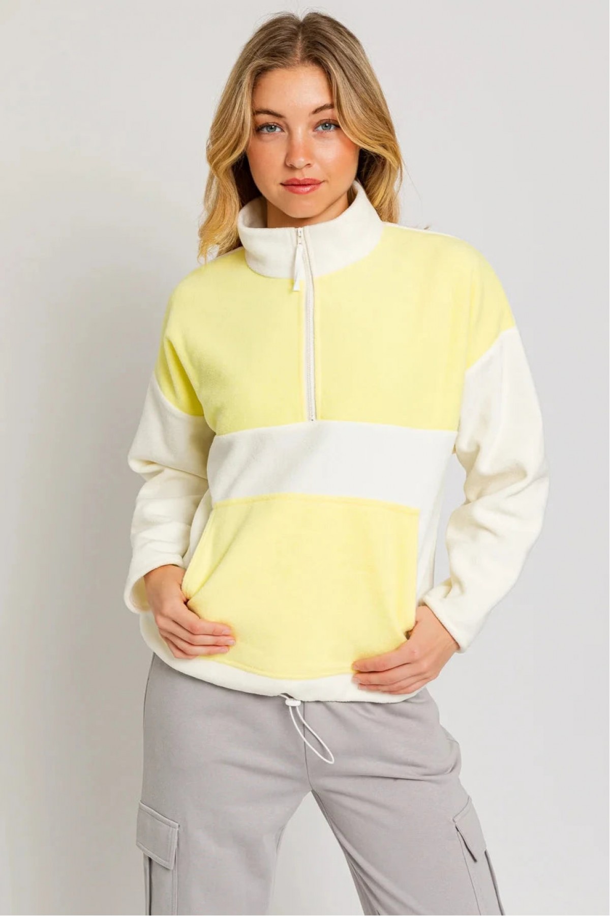 Color Block Fleece Zip Up Drawstring Hem...