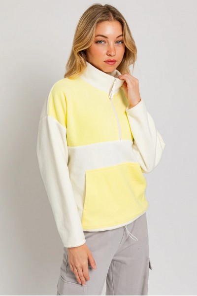 Color Block Fleece Zip Up Drawstring Hem Sweatshirt