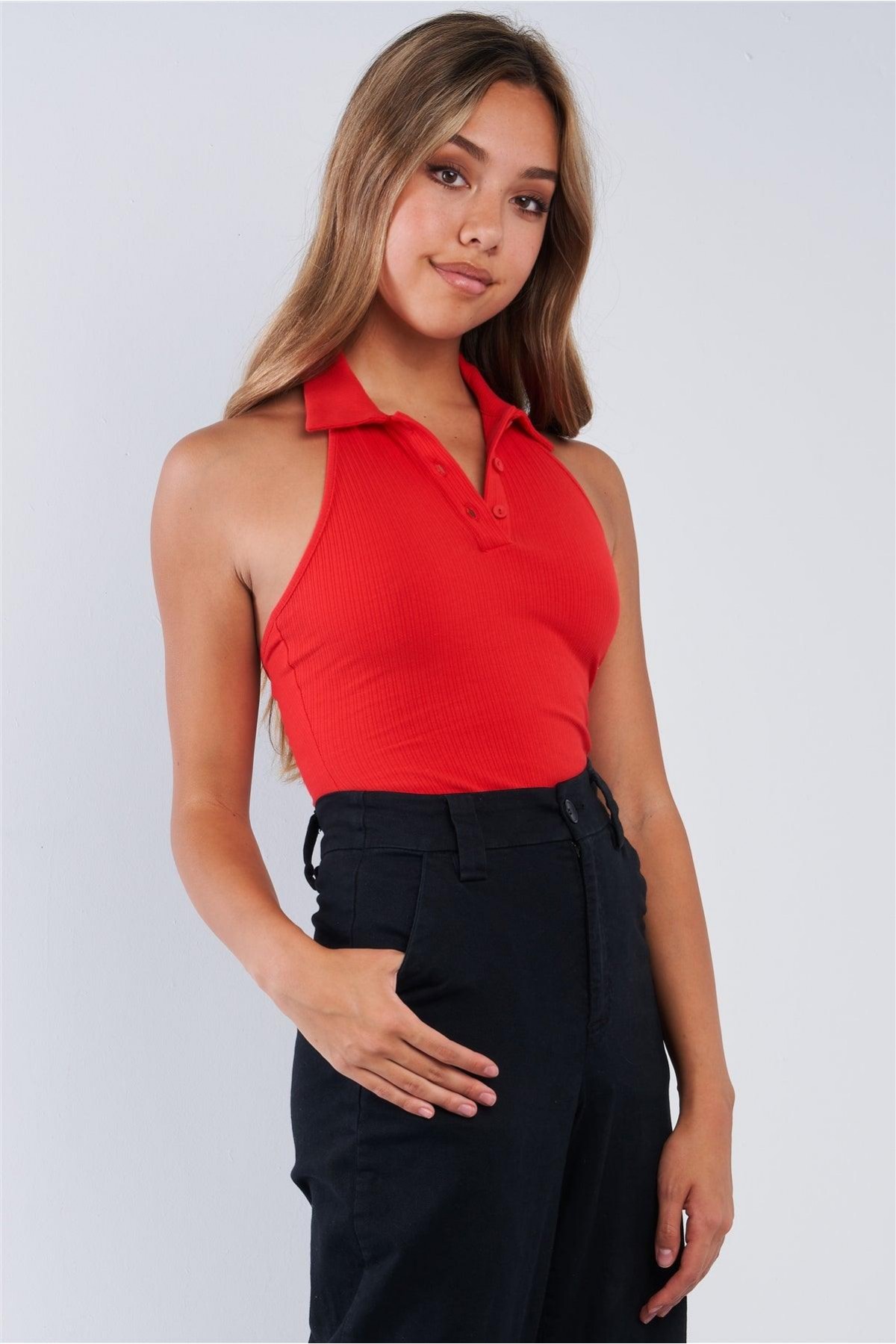 Red Collared Ribbed Button Up Sleeveless...