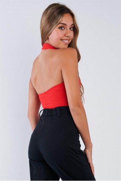 Red Collared Ribbed Button Up Sleeveless Halter Bodysuit