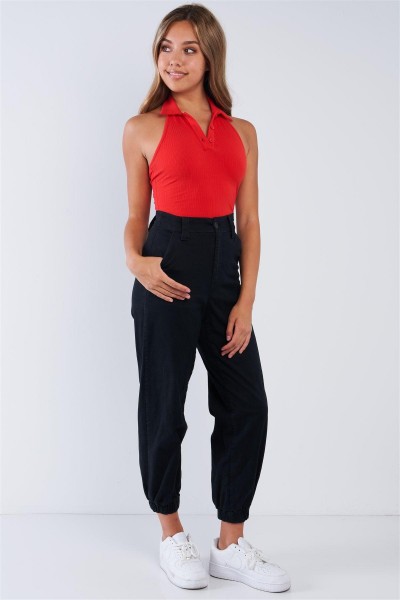 Red Collared Ribbed Button Up Sleeveless Halter Bodysuit