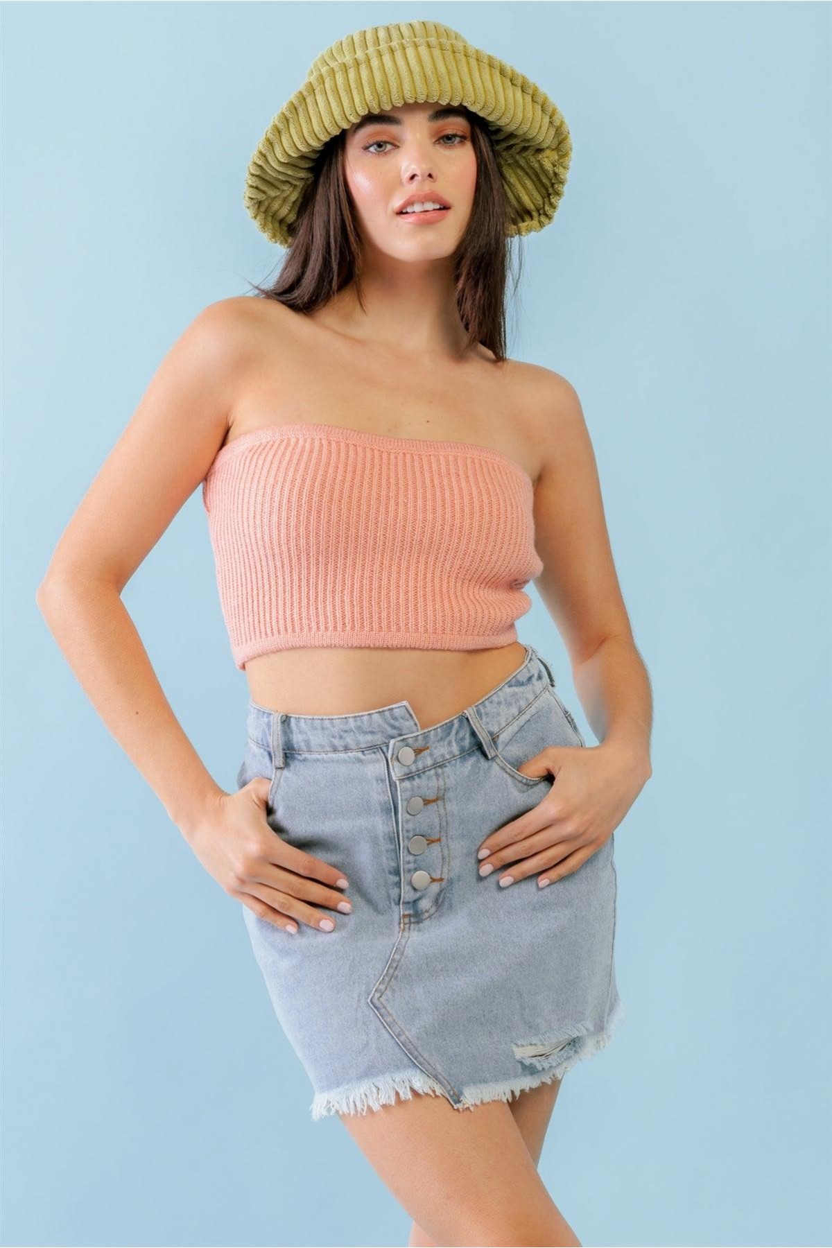 Dusty Peach Knit Strapless Crop Top /3-2...