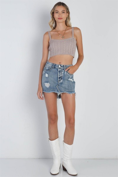 Mocha Cable Knit Sleeveless Crop Top