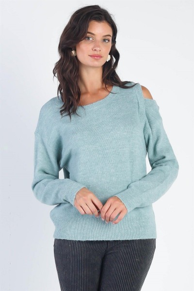 Teal Cold Shoulder Long Sleeve Knit Swea...