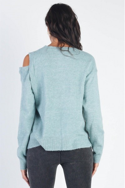 Teal Cold Shoulder Long Sleeve Knit Sweater /3-2-1