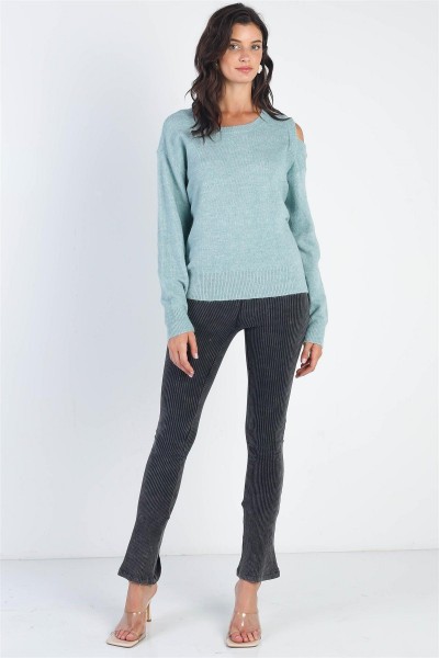 Teal Cold Shoulder Long Sleeve Knit Sweater /3-2-1