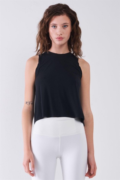 Black Sleeveless Crew Neck Ribbed Split ...