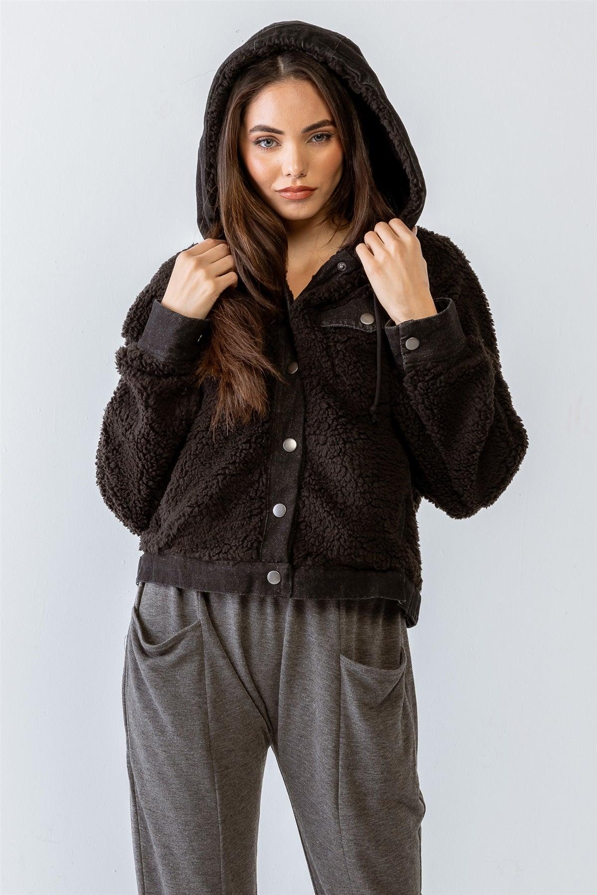 Black Button-Up Long Sleeve Hooded Teddy...