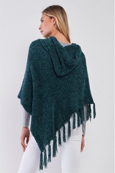 Chenille Knit Tassel Fringe Side Trim Hooded Poncho