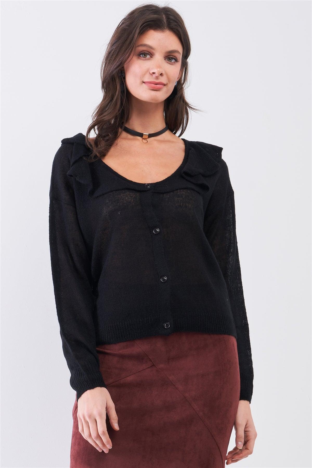 Black Round Neck Bertha Collar Button-Fr...