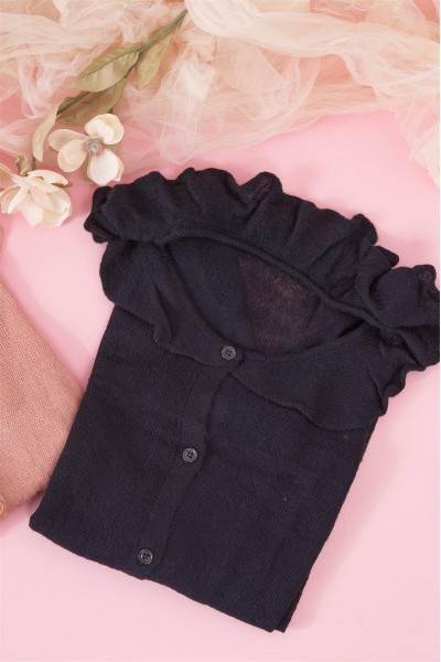 Black Round Neck Bertha Collar Button-Front Cardigan /3-2-1