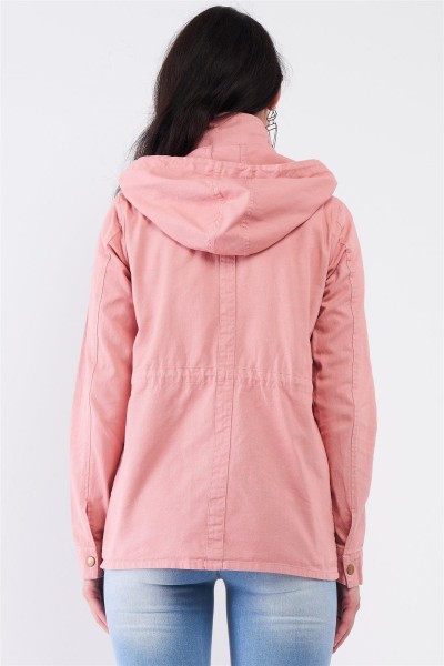 Washed Cotton Zip-Up Detachable Hood Utility Jacket