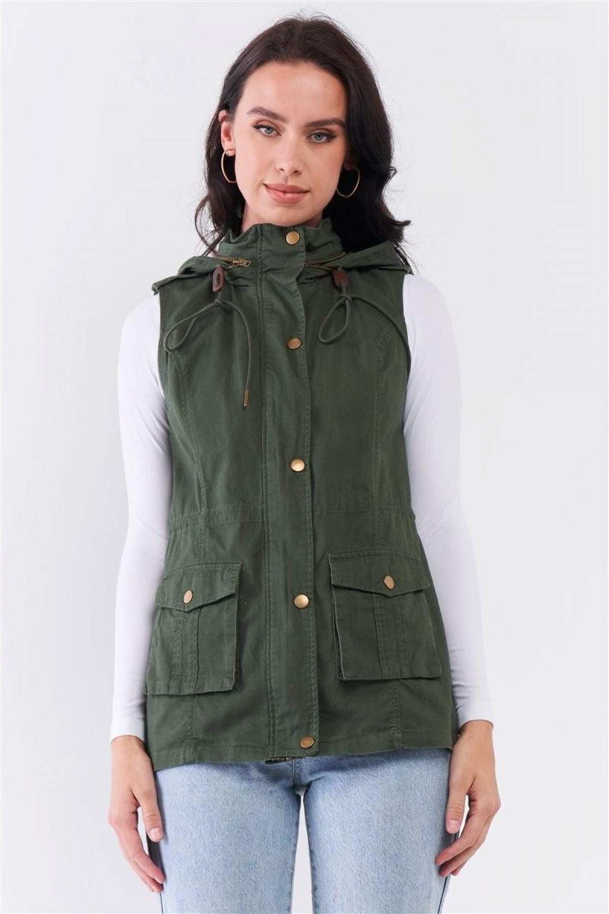 Olive Military Sleeveless Detachable Hoo...