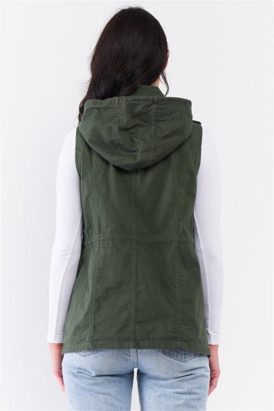 Olive Military Sleeveless Detachable Hoodie Vest Jacket