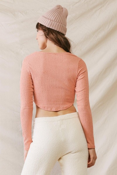 Peach Textured Curved Hem Long Sleeve Crop Top /3-2-1