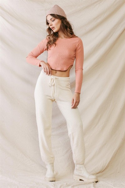 Peach Textured Curved Hem Long Sleeve Crop Top /3-2-1