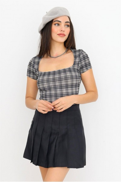 Plaid Short Sleeve Square Neck Fitted Bo...