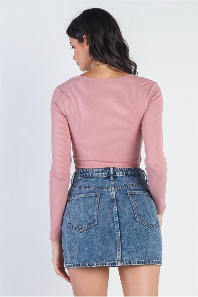 Pink Ribbed Cut-Out Square Neck Long Sleeve Bodysuit