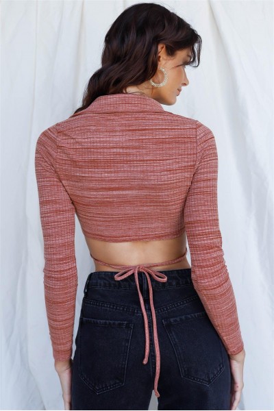 Heather Rust Back Self-Tie Collared Crop Top /3-2-1