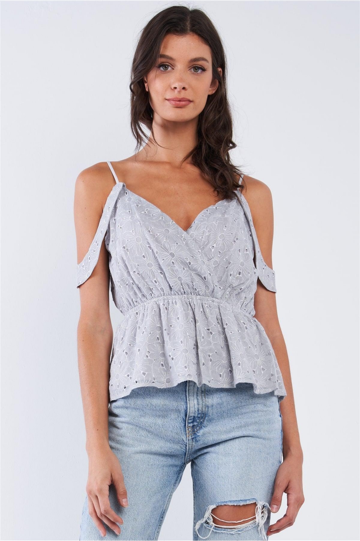 Floral Crochet V-Neck Off-The-Shoulder Top