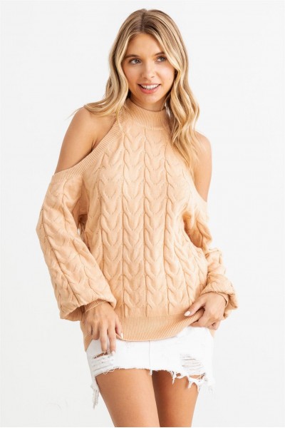 Cable Knit Mock Neck Cold Shoulder Long ...