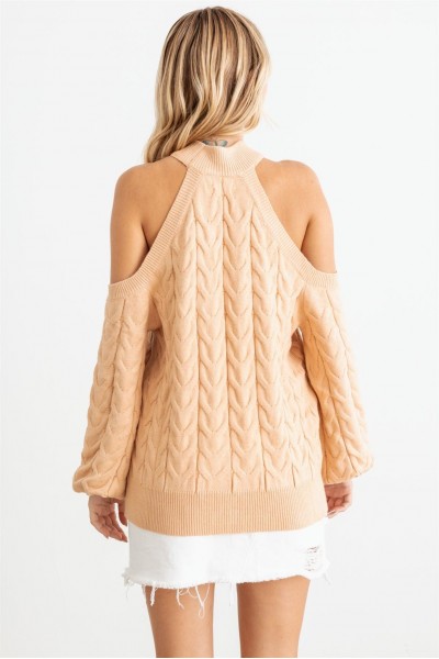 Cable Knit Mock Neck Cold Shoulder Long Sleeve Sweater